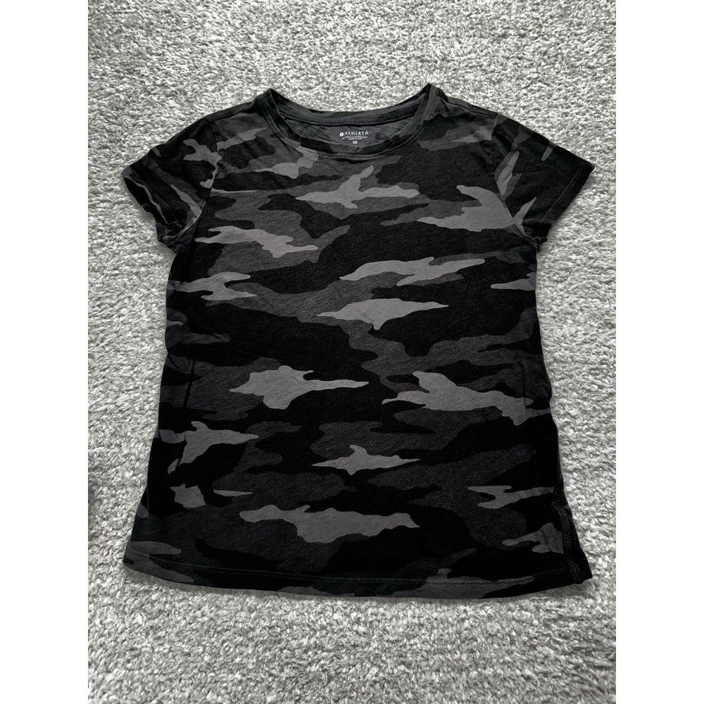 Athleta Organic Daily Camo Crew T‎ Shirt Black Gray Women's Shirt Sleeve  XS
